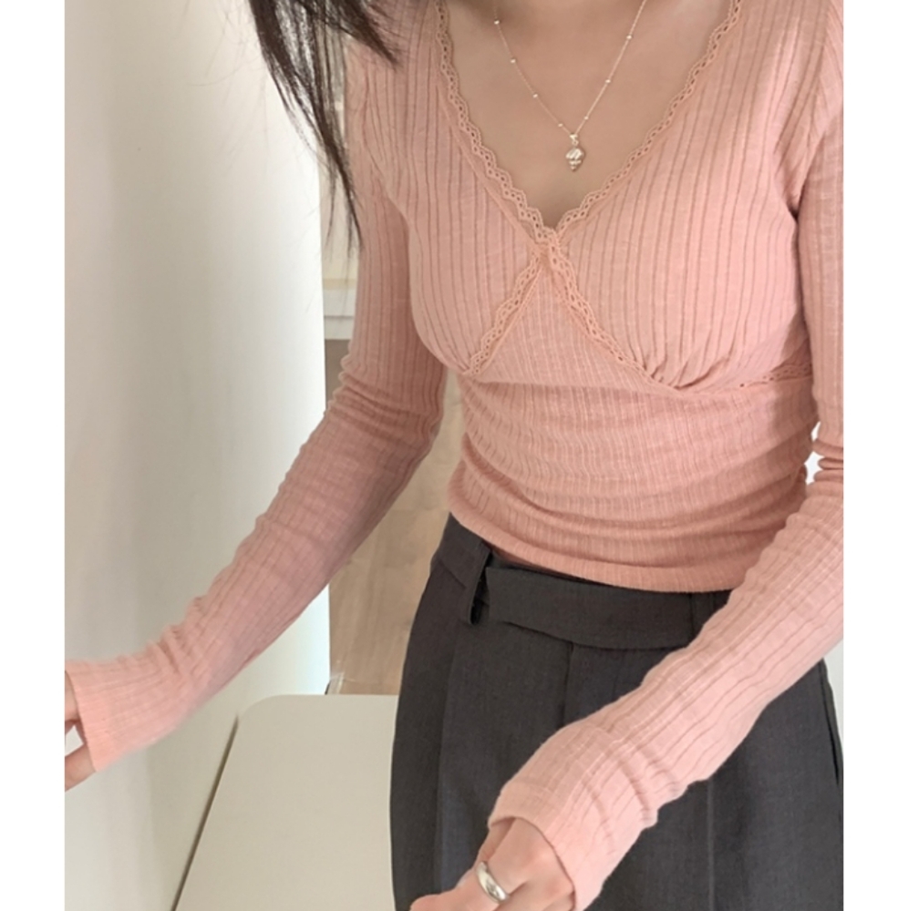 Lace Trim V Neck Slim Long Sleeve Knit